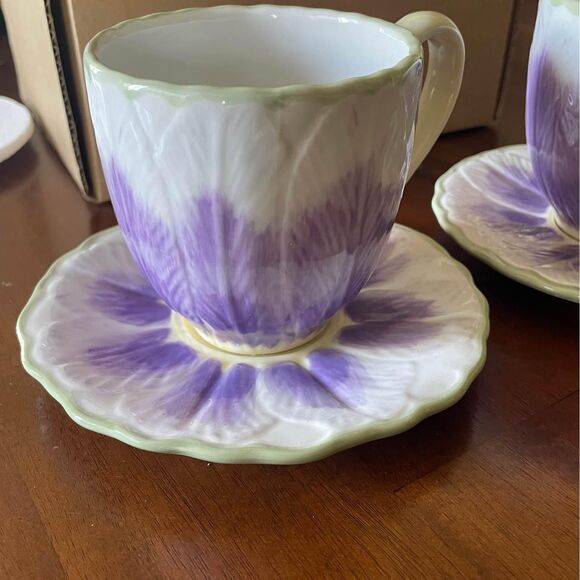 Longaberger Pottery Teacups And Saucers (2) Purple Crocus Flowers - Picture 5 of 10